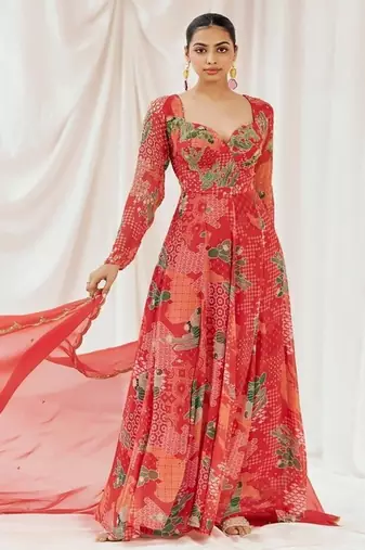 Red printed georgette anarkali
