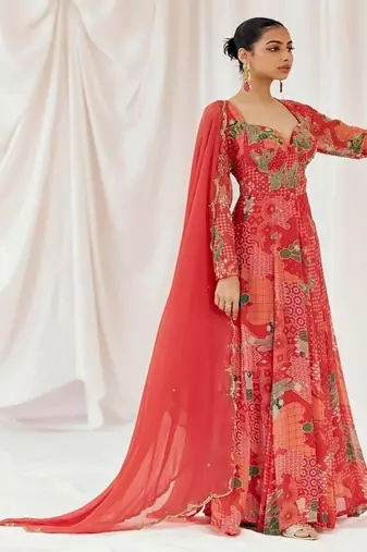 Red printed georgette anarkali
