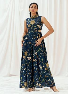 Navy blue printed crepe jumpsuit 1
