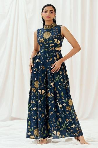 Navy blue printed crepe jumpsuit