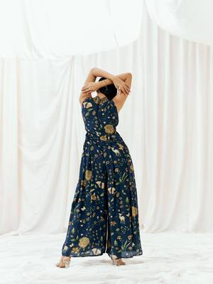 Navy blue printed crepe jumpsuit 2