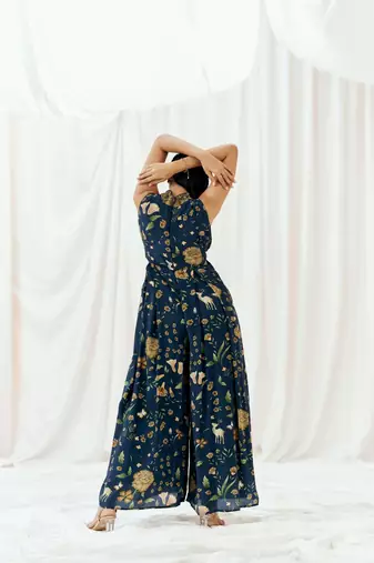 Navy blue printed crepe jumpsuit