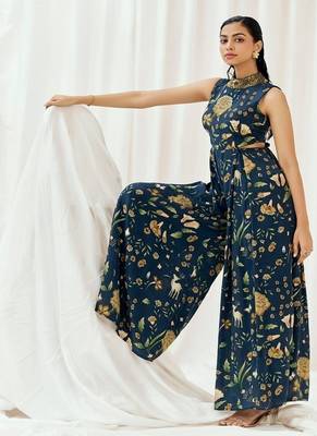 Navy blue printed crepe jumpsuit 4