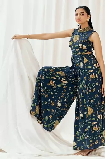 Navy blue printed crepe jumpsuit