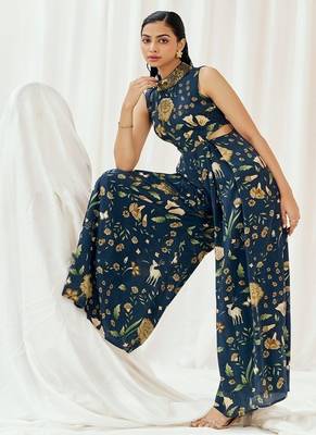Navy blue printed crepe jumpsuit 5