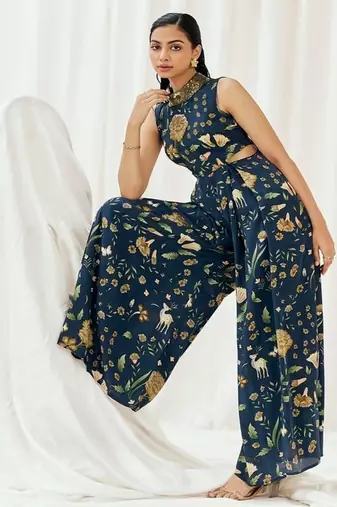 Navy blue printed crepe jumpsuit
