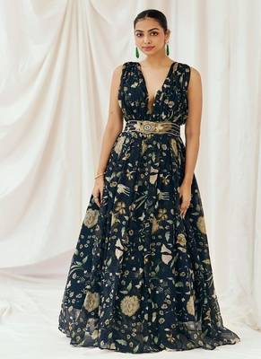 Navy blue printed organza gowns 1