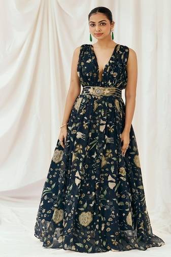 Navy blue printed organza gowns