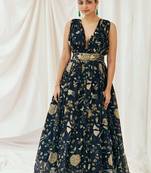 Navy blue printed organza gowns