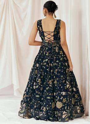 Navy blue printed organza gowns 2