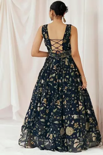 Navy blue printed organza gowns