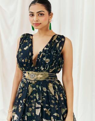 Navy blue printed organza gowns 3