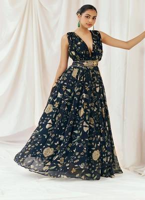Navy blue printed organza gowns 4