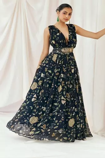 Navy blue printed organza gowns