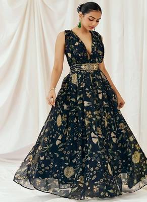 Navy blue printed organza gowns 5
