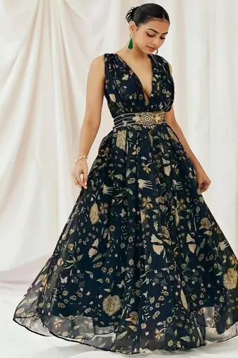 Navy blue printed organza gowns