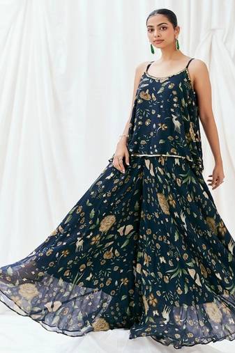 Navy blue printed georgette co ord set