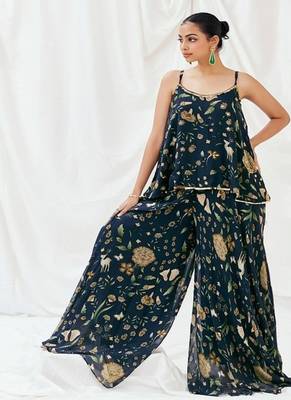 Navy blue printed georgette co ord set 3