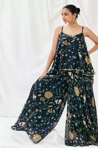 Navy blue printed georgette co ord set