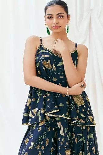 Navy blue printed georgette co ord set