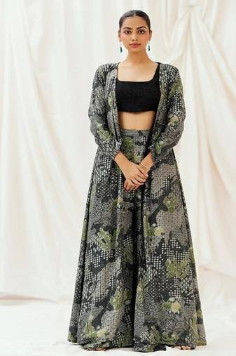 Black embroidered crepe jacket set
