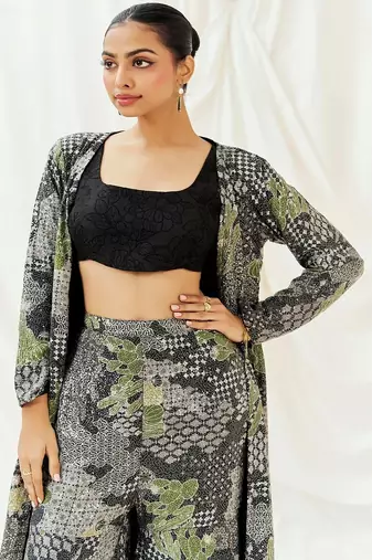 Black embroidered crepe jacket set