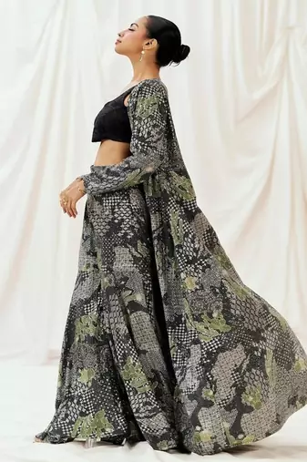 Black embroidered crepe jacket set