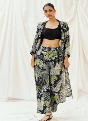 Black printed crepe jacket set 1