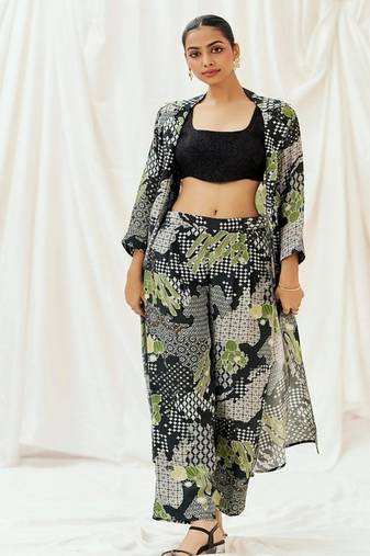 Black printed crepe jacket set