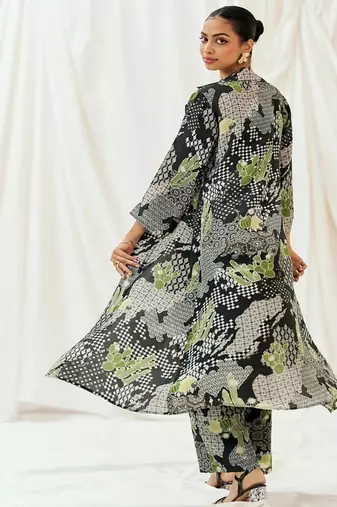 Black printed crepe jacket set