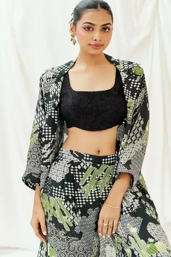 Black printed crepe jacket set