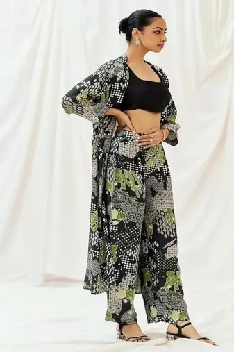 Black printed crepe jacket set