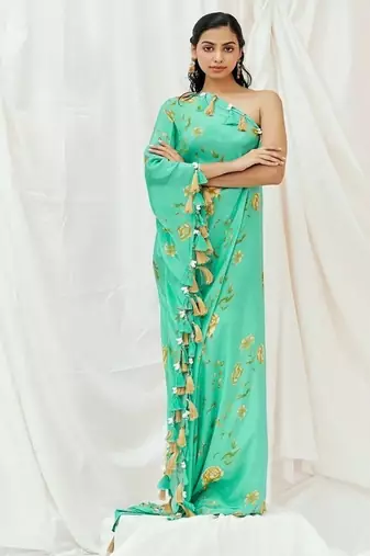 Turquoise blue printed crepe kaftan