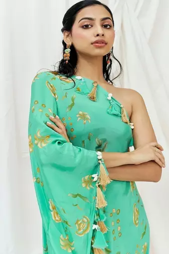 Turquoise blue printed crepe kaftan