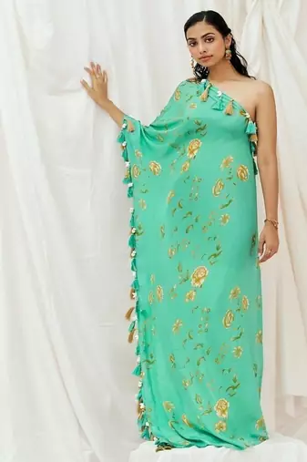 Turquoise blue printed crepe kaftan