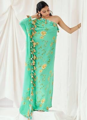Turquoise blue printed crepe kaftan 4
