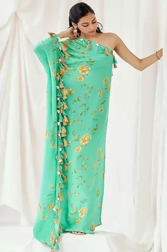 Turquoise blue printed crepe kaftan