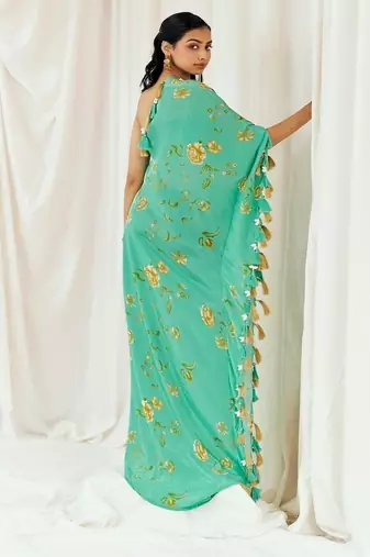 Turquoise blue printed crepe kaftan