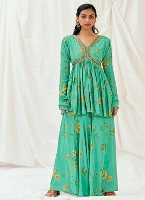Turquoise blue printed crepe co ord set 1