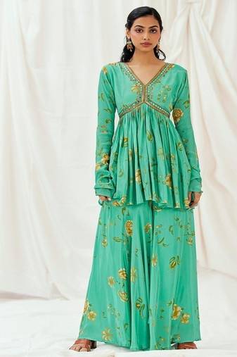 Turquoise blue printed crepe co ord set