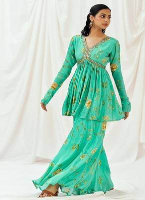Turquoise blue printed crepe co ord set 4