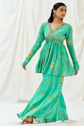 Turquoise blue printed crepe co ord set