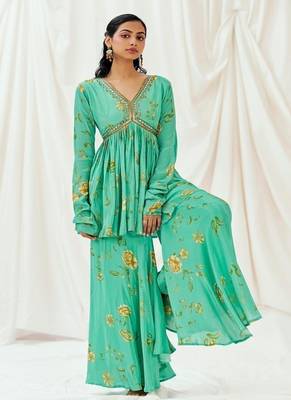 Turquoise blue printed crepe co ord set 5