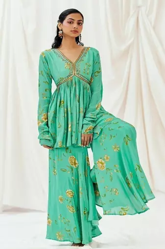 Turquoise blue printed crepe co ord set