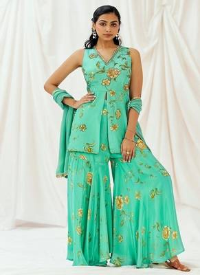 Turquoise blue printed crepe sharara 1