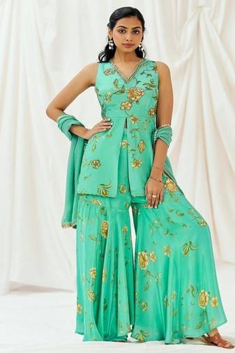 Turquoise blue printed crepe sharara