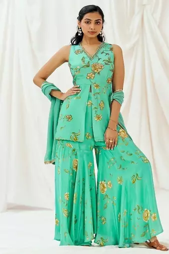 Turquoise blue printed crepe sharara