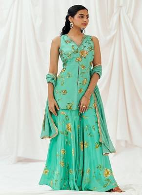 Turquoise blue printed crepe sharara 2