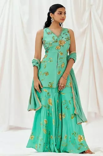 Turquoise blue printed crepe sharara