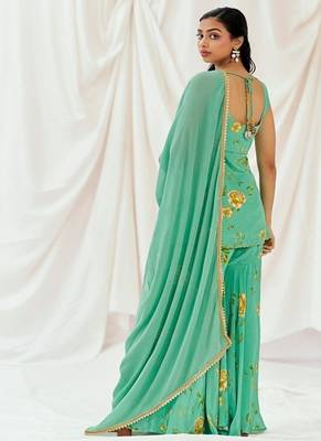 Turquoise blue printed crepe sharara 3